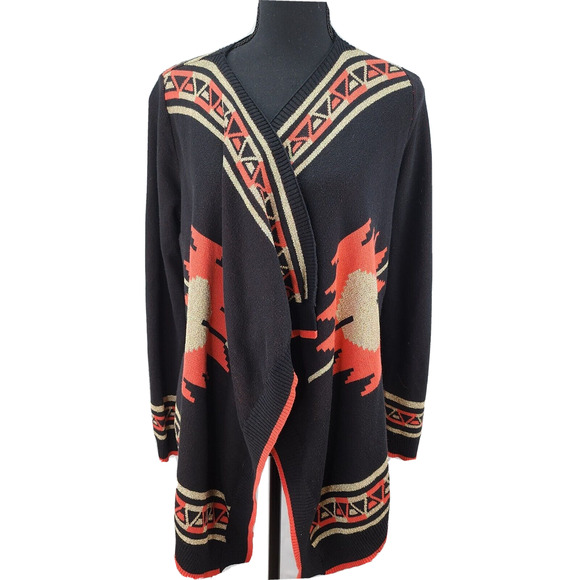 Hooked Up by IOT Sweater Women MEDIUM Cardigan Black Aztec Southwestern Boho - Picture 2 of 14